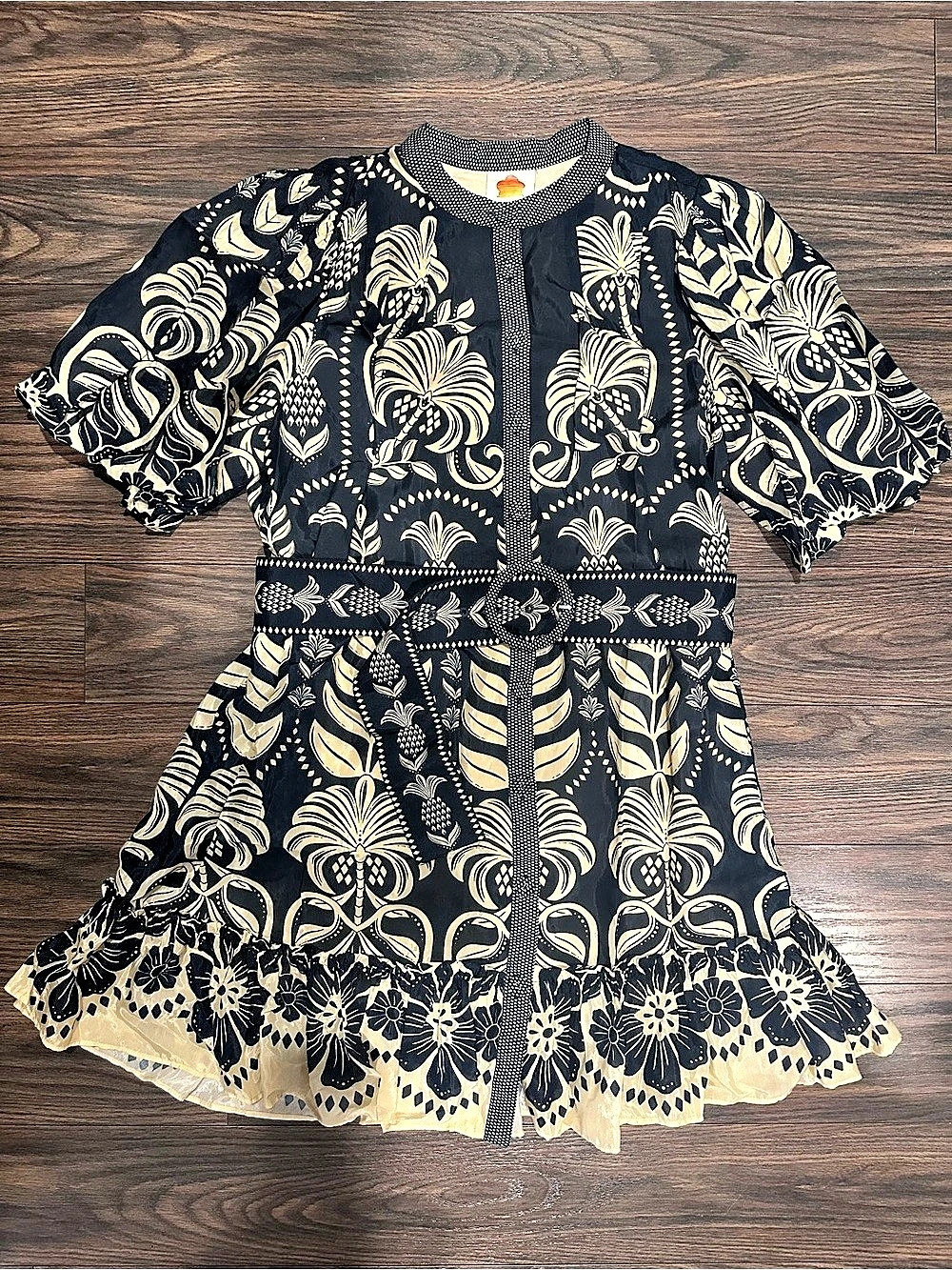 FARM Rio Pineapple Belted Button Front Dress with Pockets Navy Cream Jungle XL